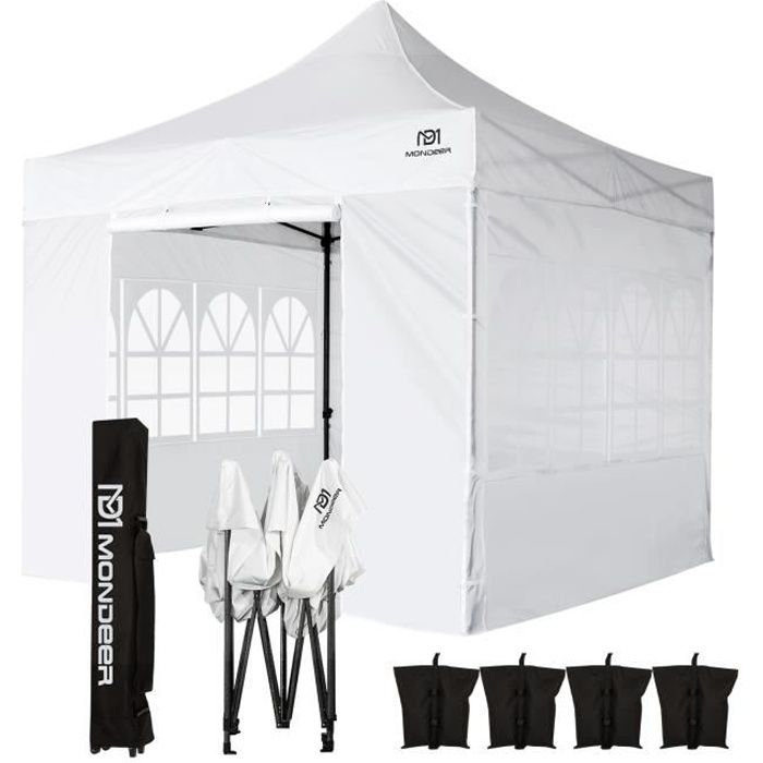 Tonnelle de Jardin Tente de Reception 3mx3m Pliante Impermeable avec 4 Parois Latérales pour Fête,Camping, Festival, Blanc- Mondeer