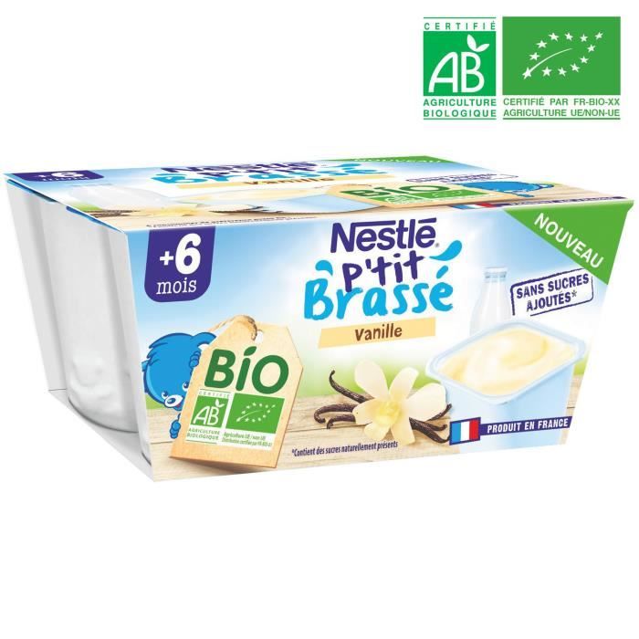 NESTLE P'tit Brassé Dessert bébé BIO dès 6 mois saveur vanille - 4 pots x 90 g