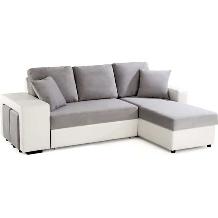 PHOENIX Canapé Angle Convertible et Réversible PU / Microfibres Blanc/Gris