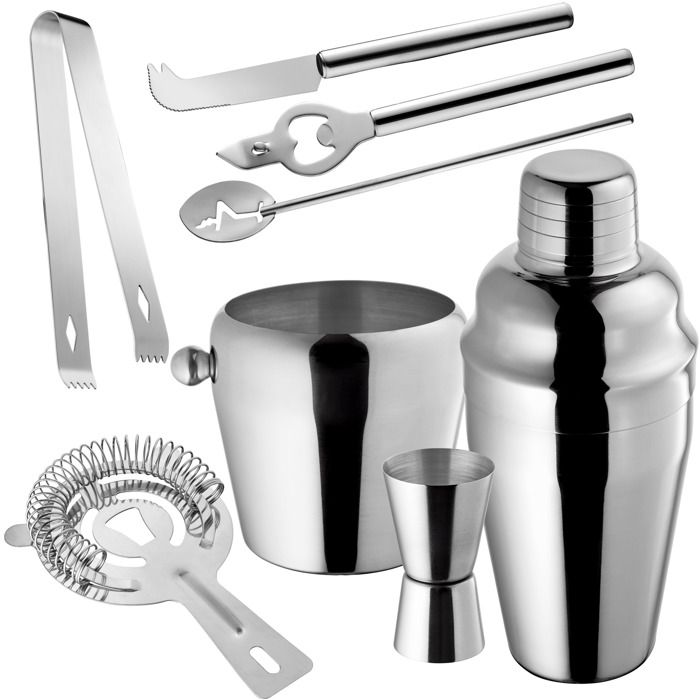 TECTAKE Kit Cocktail Shaker 500 ml 8 Pièces en Acier Inoxydable Gris