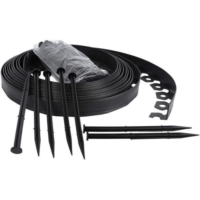 QQ45874-Bordure de jardin flexible noire - 3,8 cm x 10 mètres avec 30 piquets d'ancrage