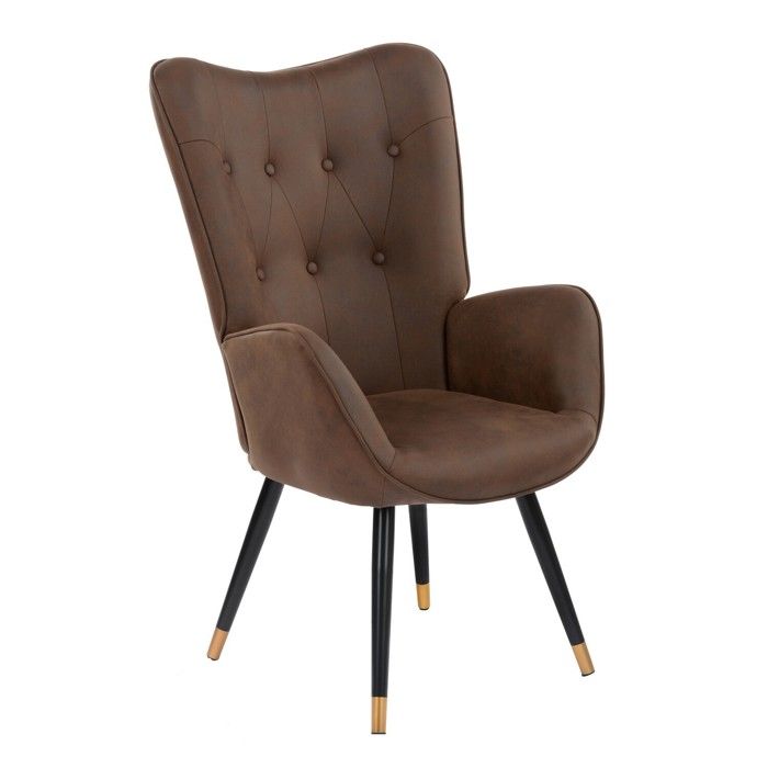 fauteuil scandinave capitonné en tissu vintage rétro marron foncé pieds points dorés kas fabric dark brown black gold leg