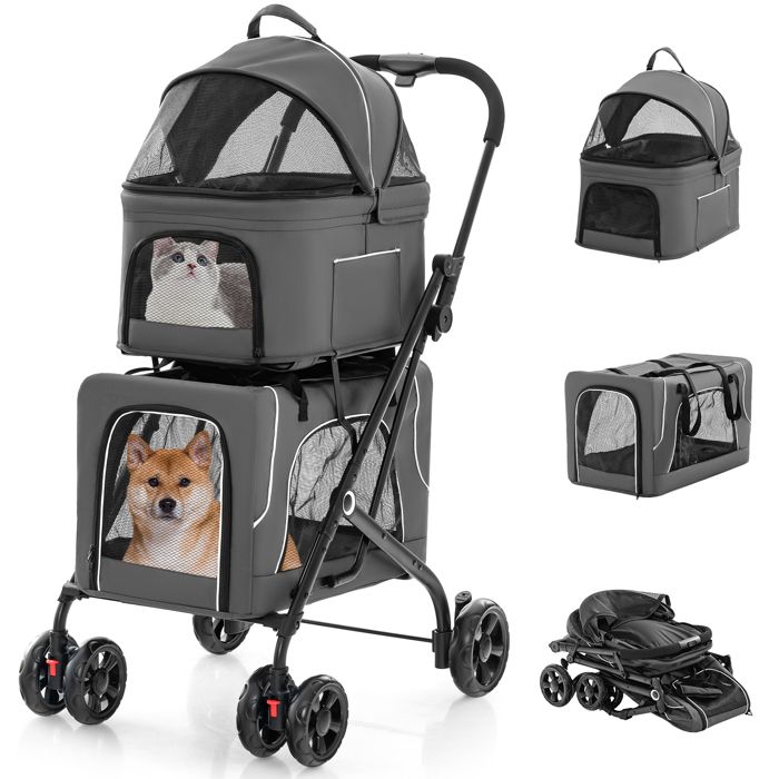 Comparer les prix de GOPLUS Poussette à 2 Étages Détachable pour Chiens, Poussette 3-en-1 Pliable, Roues avec Freins, Jusqu'à 30 KG, Gris