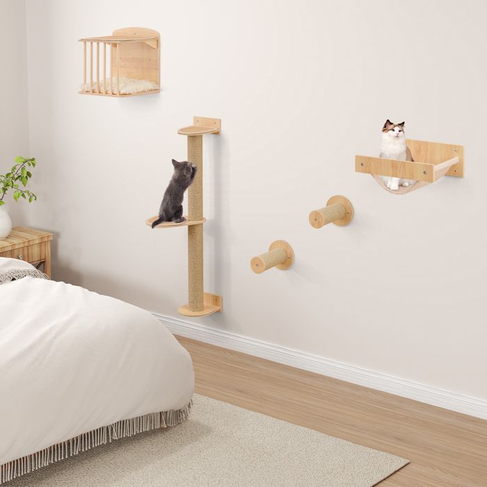 Comparer les prix de GOPLUS Arbre à Chat 4-en-1 Murale,  avec Griffoir à 3 Niveaux, Hamac, Poteaux à Griffer et Maison pour Chat, Mobilier Design