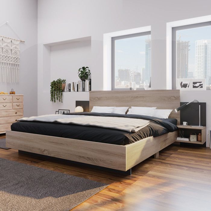 Lit double 160x200 cm avec 2 chevets Lit adulte Lit en bois avec 2 tables de nuit Chambre à coucher complète Gris foncé