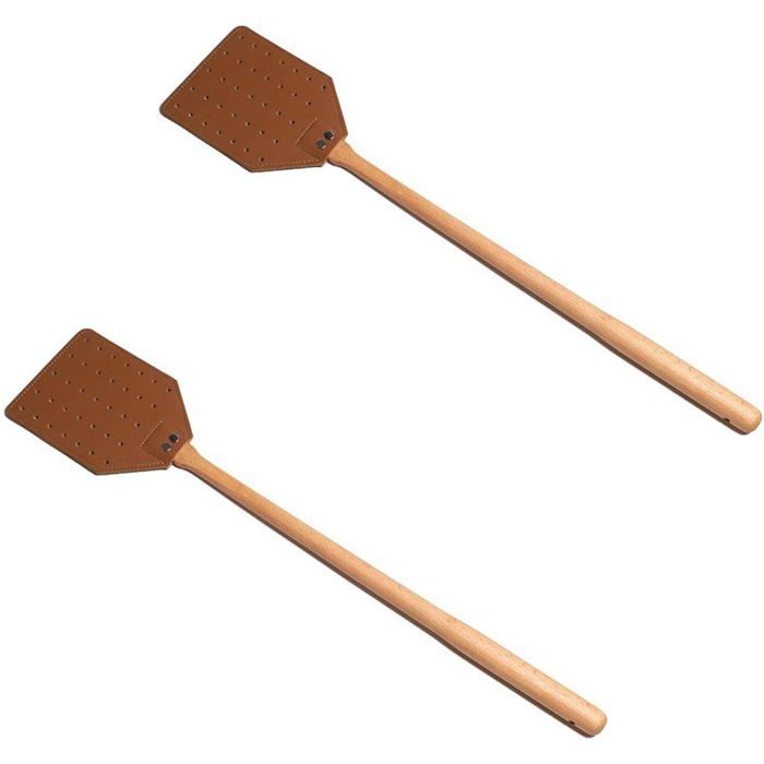 Lot 4 Tapettes à Mouches Manuelles En Cuir Véritable – Manche Bois Long 50 Cm, Tapette Guêpes Mouches Idéale Maison Jardin Cuisine