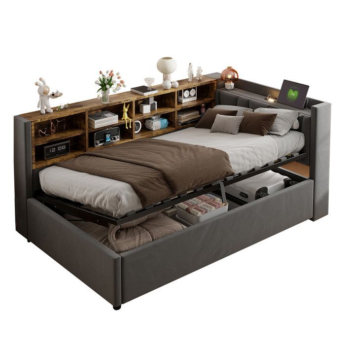 Canapé-lit rembourré avec espace de rangement hydraulique veilleuse port de charge USB et de type C Sans Matelas gris90x200cm