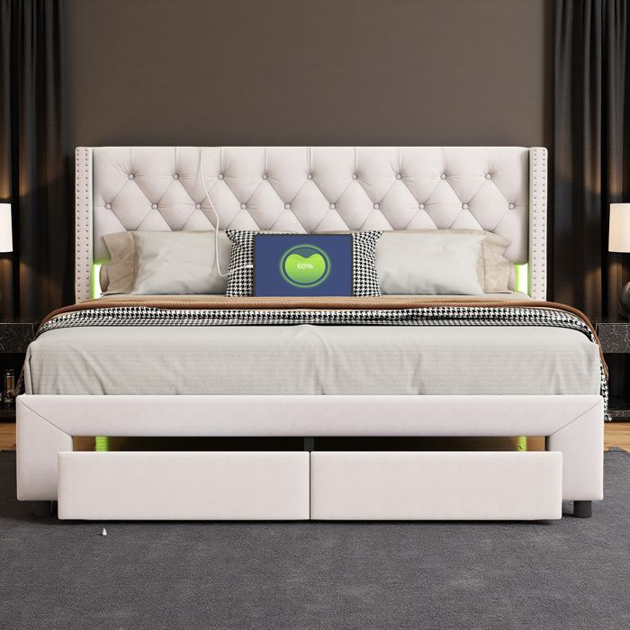 Lit 140x190 cm - COZY - LED - tissu en velours - sommier - tiroir - cadre de lit double 140x190 cm - beige Lit 140x190 cm - COZY - LED - tissu en velours - sommier - tiroir - cadre de lit double 140x190 cm - beige
