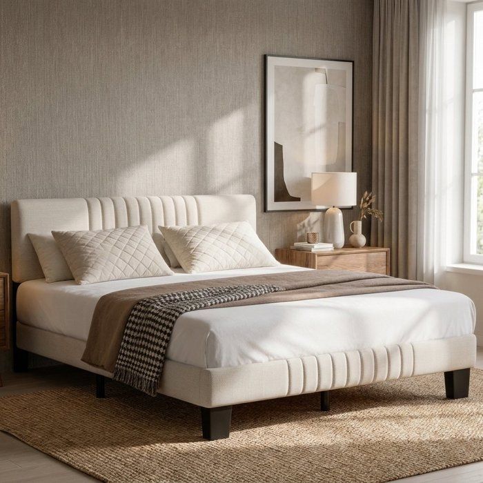 Lit rembourré 140 x 190 cm Tête de lit réglable Sommier à lattes Matelas non inclus Lit double Lit adult
