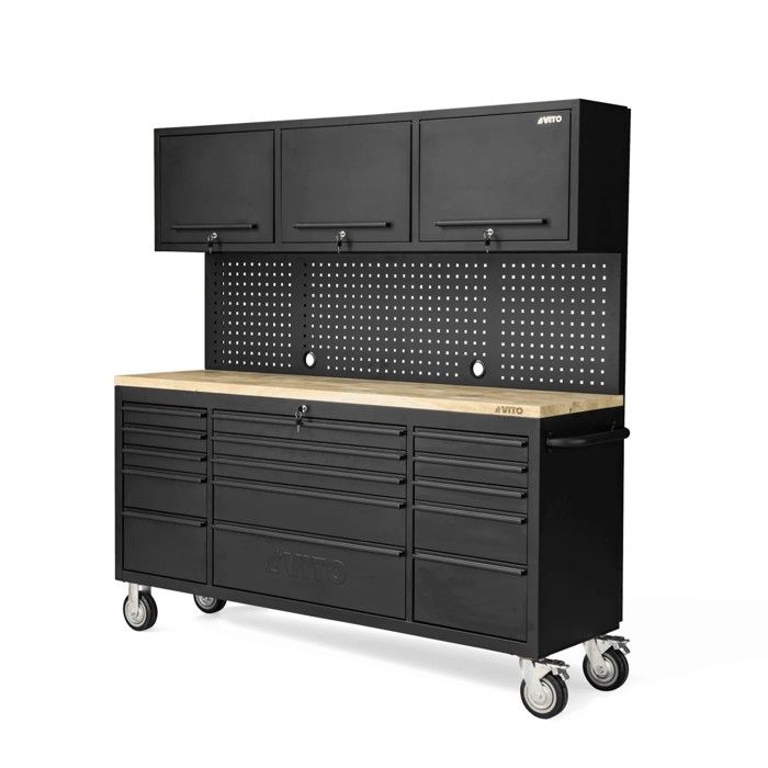 Etabli datelier sur roues Armoire 3 Portes 182 x 51 x 186 cm 15 tiroirs à frein - Plan de travail Bois Charge 500kg - VITO Etabli datelier sur roues Armoire 3 Portes 182 x 51 x 186 cm 15 tiroirs à frein - Plan de travail Bois Charge 500kg - VITO