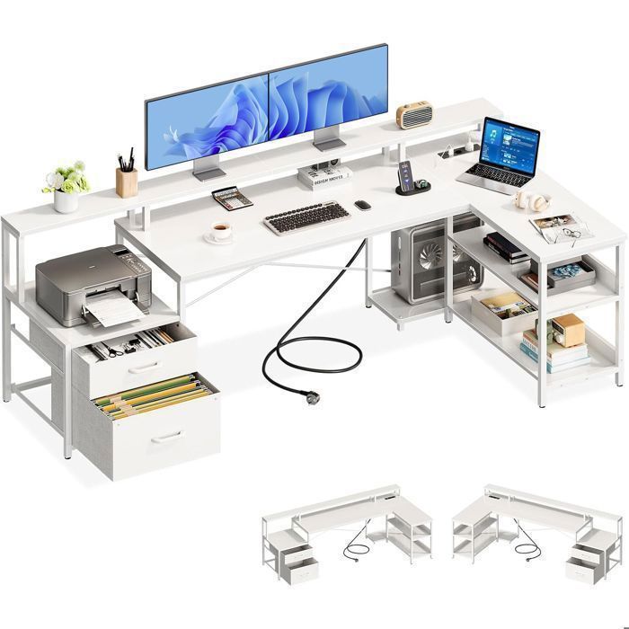 Bureau en L avec Rangement Coleshome Bureau dAngle Réversibl Prise USB/Courant pour Domicile 172.5x100cm Blanc