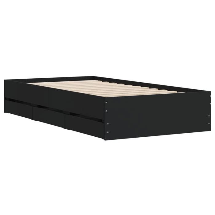 Structure de lit avec tiroirs - UU - Noir - 90x190 cm - 193x93x33 cm - Bois dingénierie - Contreplaqué - 6 tiroirs