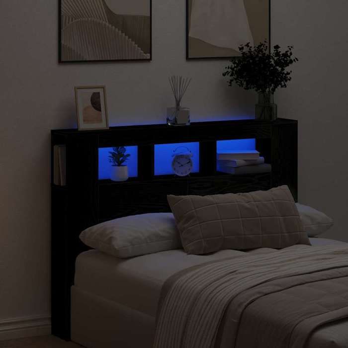 Tête de lit LED avec étagère - WIENS - Chêne noir - 140x185x1035 cm - Éclairage LED multicolore - Rangement intégré