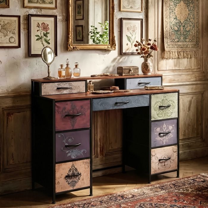 Bureau Coiffeuse 121cm - 9 Tiroirs Tissu Imprimé - Table Console Vintage - Structure Métal & Bois - Pour Chambre Salon Bureau
