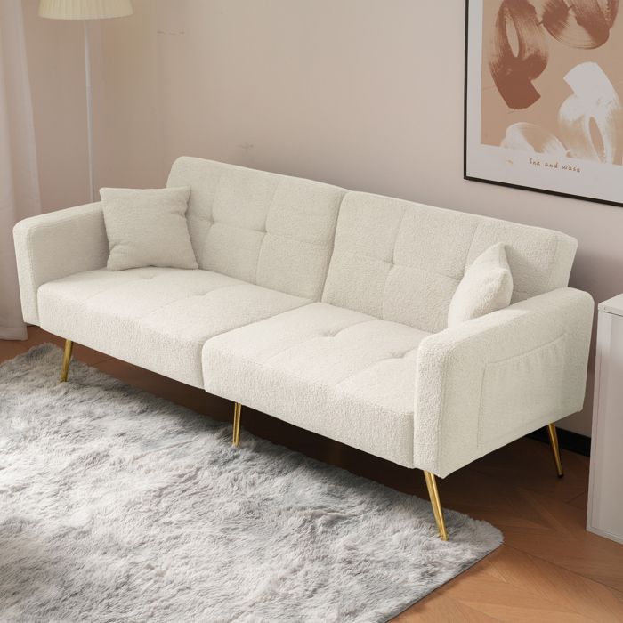 Canapé Convertible Blanc - avec Fonction Lit - Pieds Dorés Tissu Sherpa Avec Oreillers et Poches Latérales - MERAX Canapé Convertible Blanc - avec Fonction Lit - Pieds Dorés Tissu Sherpa Avec Oreillers et Poches Latérales - MERAX