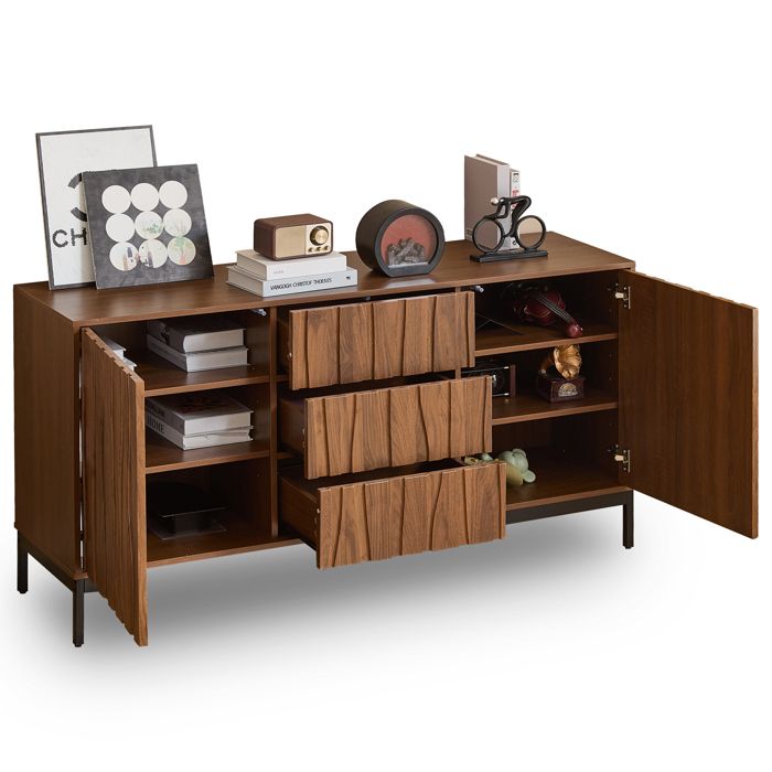 VLIVRA Buffet avec 3 tiroirs et rangements bahut bas moderne avec étagères ajustables - mdf + pb - brun foncé - 150×40×80 cm
