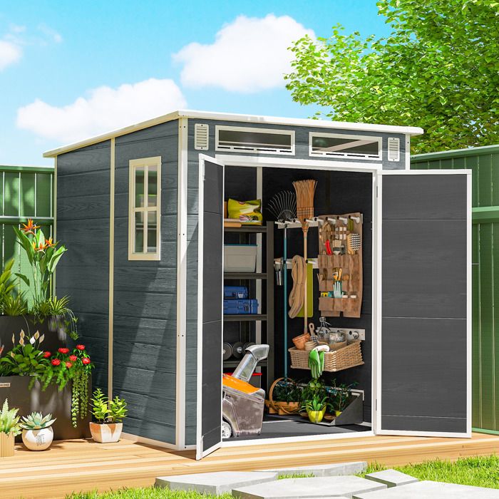 Abri de Jardin en Résine Cabanon de Rangement Double Porte 3 Fenêtres et 2 Aérations Anti-UV avec Plancher 33 m² Gris