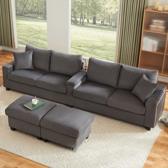 Canapé dangle gris velours côtelé 334x128 5x81cm LED USB Type-C porte-gobelet étagère rabattable 2 poufs et lampe lecture intégrée Canapé dangle gris velours côtelé 334x128 5x81cm LED USB Type-C porte-gobelet étagère rabattable 2 poufs et lampe lecture intégrée