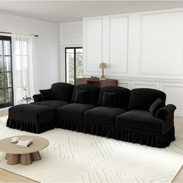 Canapé d’angle modulable 4 places noir en chenille avec ottoman mobile style classique
