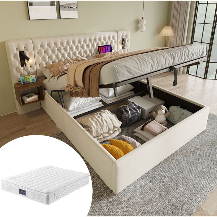 ULEVR Lit coffre hydraulique 160x200 cm en velours beige avec matelas 2 tables de chevet lampes de lecture USB et Type-C