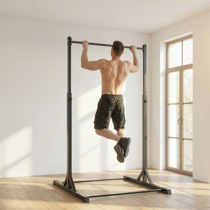 Station de musculation et barre de traction power tower 200 kg avec 8 niveaux de hauteur noir