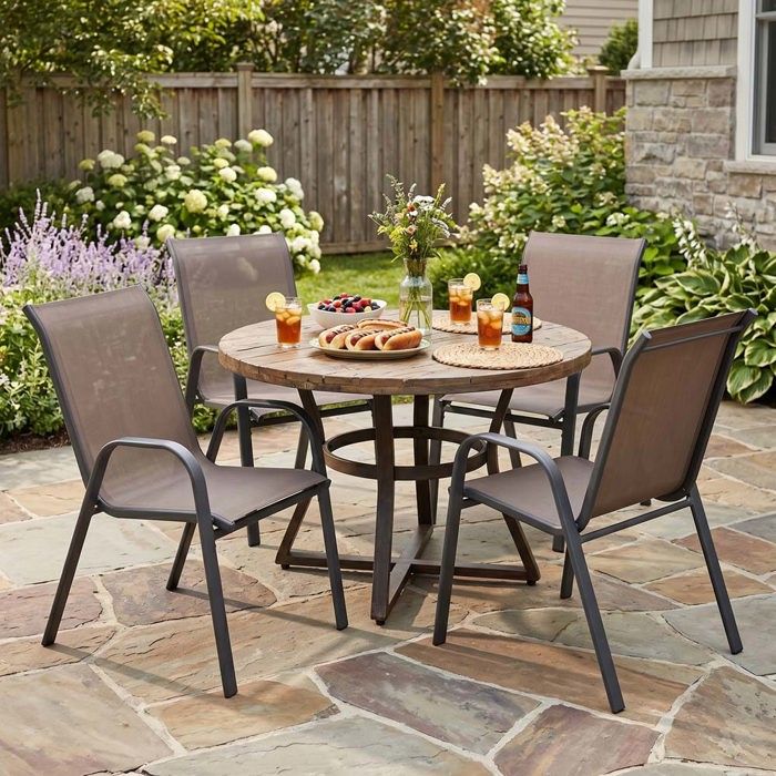 Chaise de jardin - CRESTA - Pack 4 - Empilable - Structure métal - Tissu respirant marron Chaise de jardin - CRESTA - Pack 4 - Empilable - Structure métal - Tissu respirant marron