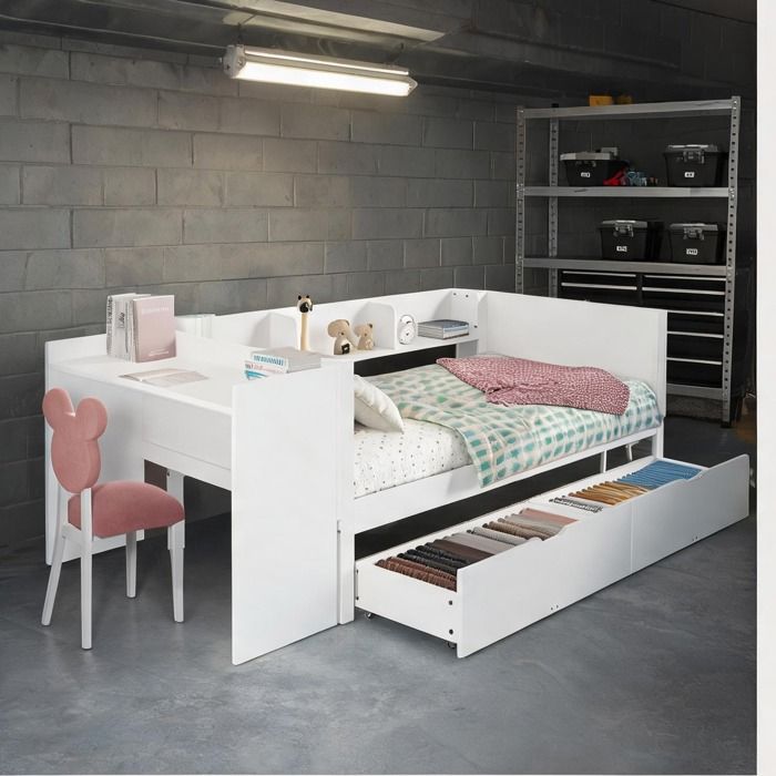 Lit une place avec bureau intégré 2 tiroirs et étagères en pin blanc 90x200 cm