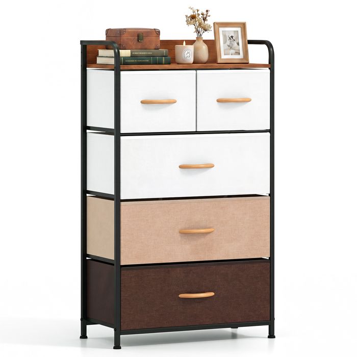 COSTWAY Commode en Tissu avec 5 Tiroirs Pliables Cadre en Fer et Plateau en Bois pour Couloir Placards Chambre COSTWAY Commode en Tissu avec 5 Tiroirs Pliables Cadre en Fer et Plateau en Bois pour Couloir Placards Chambre