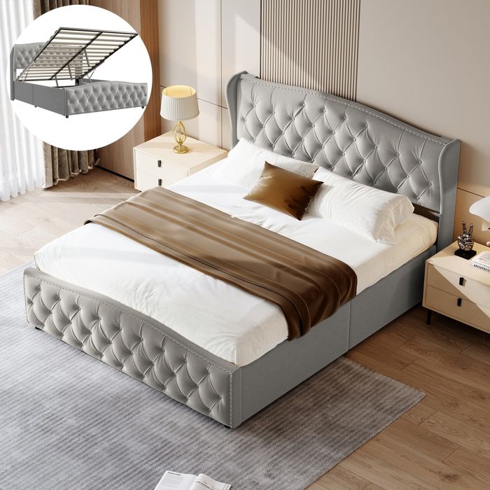 lit coffre 140 x 190cm Sommier à Lattes Lit double avec levier hydraulique lit capitonné Chambre moderne Gris velours