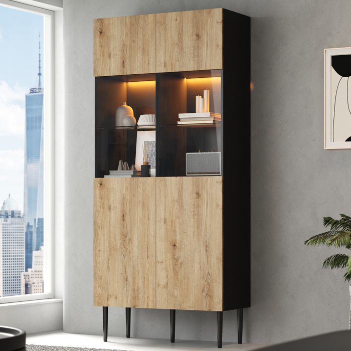 Armoire haute moderne - 10 compartiments de rangement - Portes en verre trempé - Éclairage LED intégré
