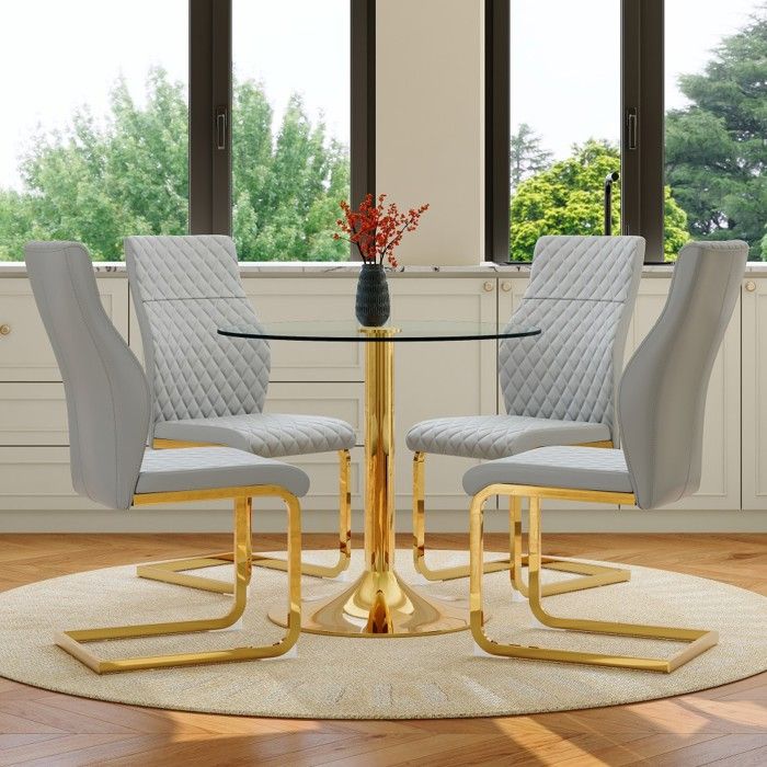Ensemble Table Ronde Verre 85cm Pieds Doré 85x85x76cm 4 Chaises Gris Clair Or 43x63x100cm Salle À Manger Design Luxueux Compact Ensemble Table Ronde Verre 85cm Pieds Doré 85x85x76cm 4 Chaises Gris Clair Or 43x63x100cm Salle À Manger Design Luxueux Compact