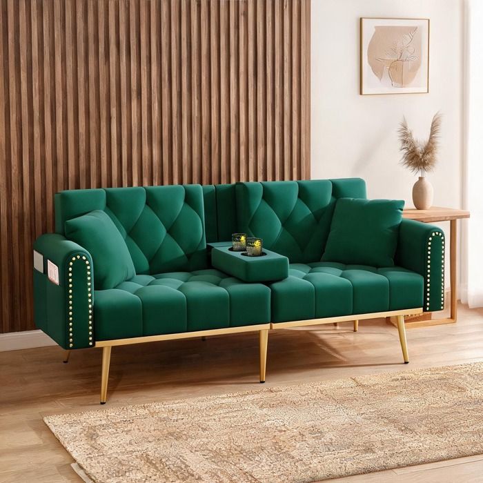 Canapé convertible double en velours vert classique trois inclinaisons porte-gobelet intégré 175 cm