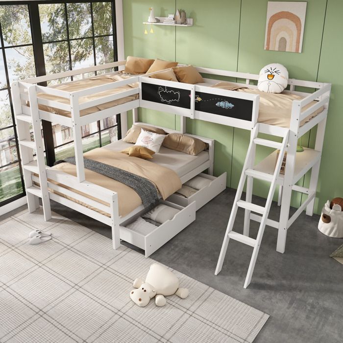 Lit superposé dangle enfant 3 couchages 140 x 200 et 90 x 200 cm avec bureau étagère 2 tiroirs blanc