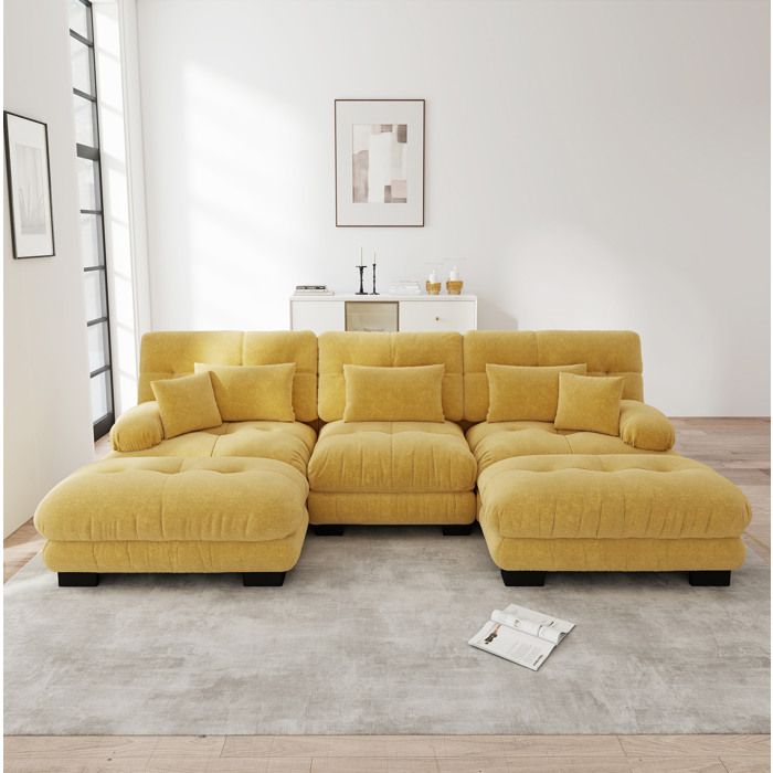 Canapé panoramique en U modulable 3 places assise profonde avec ottomans - ELVMI - chenille vintage jaune