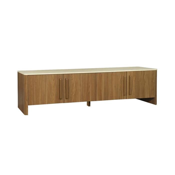 sweeek - Meuble TV décor bois et effet travertin 4 portes 180cm ARETHA sweeek - Meuble TV décor bois et effet travertin 4 portes 180cm ARETHA