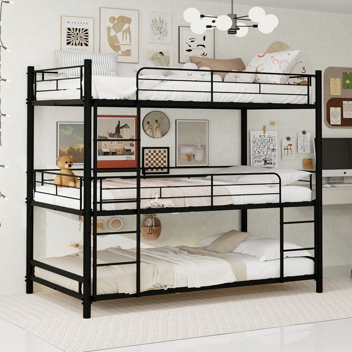 Lit superposé triple - 90 x 190 cm - Échelle intégrée - Barrières de sécurité renforcées - Sommier antidérapant