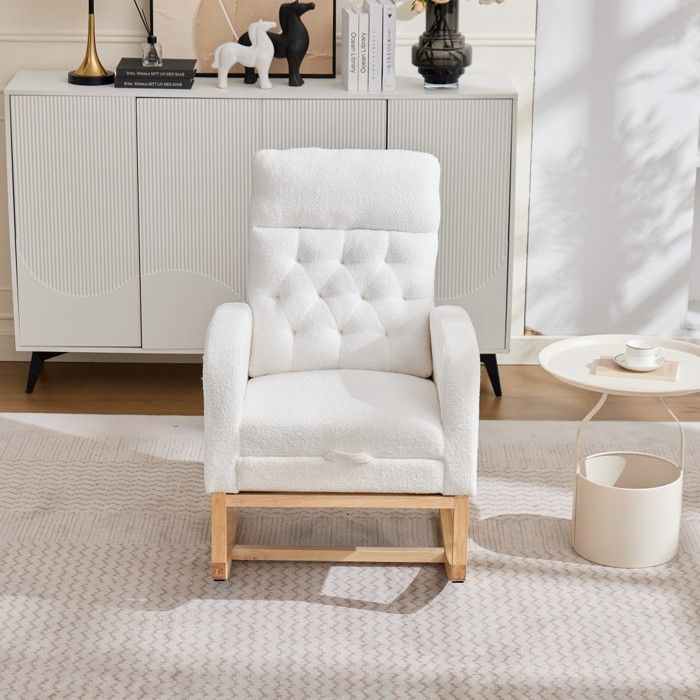 Fauteuil allaitement bascule tissu bouclé blanc repose-pied réglable poches latérales pour chambre et salon 65.6x123x102cm Fauteuil allaitement bascule tissu bouclé blanc repose-pied réglable poches latérales pour chambre et salon 65.6x123x102cm