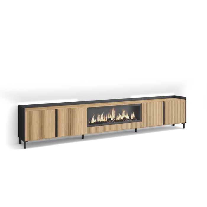 Meuble TV 315x61x35cm Led postérieur Cheminée électrique XXL au centre sur pieds noirs Chêne et noir RF4984