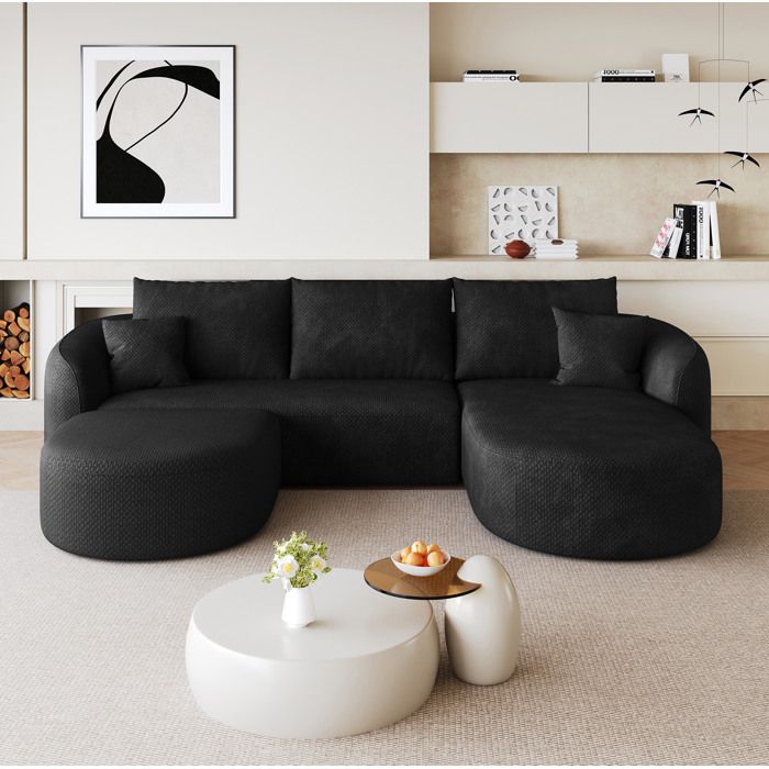 Canapé Panoramique en U 5 Places Modulable sans Montage - MEUNIQ - Garnissage Mousse Tissu Chenille Noir