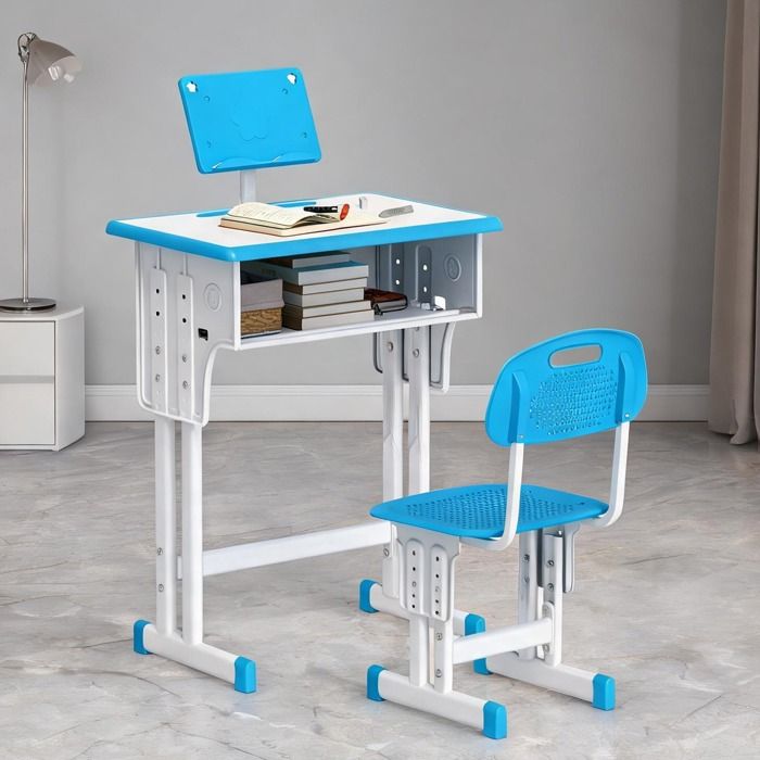Ensemble bureau et chaise enfant réglable avec rangements bleu et blanc PP et acier 60 x 45 cm