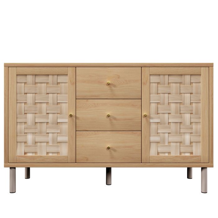 Buffet bas 2 portes 3 tiroirs – style campagne aspect chêne – 120 x 40 x 75 cm