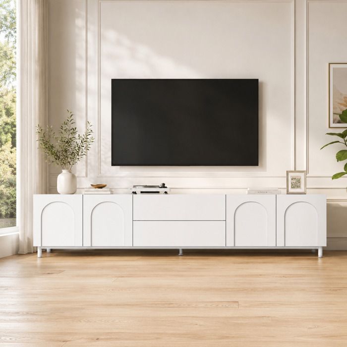 Ulsam Meuble TV - 180x40x48 cm - Banc Télé Buffet Bas avec 4 Portes et 2 Tiroirs pour Chambre Salon Blanc