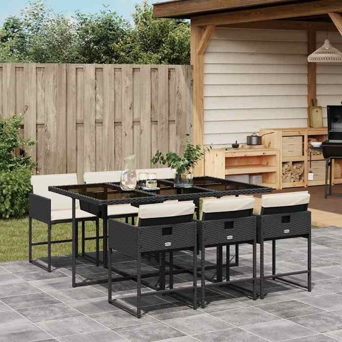 Ensemble Table avec chaises jardin - vidaXL - Mobilier outdoor Anti UV - coussins 7pcs Noir Résine tressée - design moderne(569937)