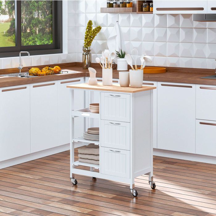Chariot de cuisine blanc 67 x 37 x 87 cm 3 tiroirs roulettes freinées tablette amovible plateau en pin