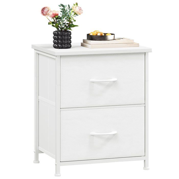 Petite Table de Chevet 2 Tiroirs en Tissu Blanc Blanc Blanc CHEVET