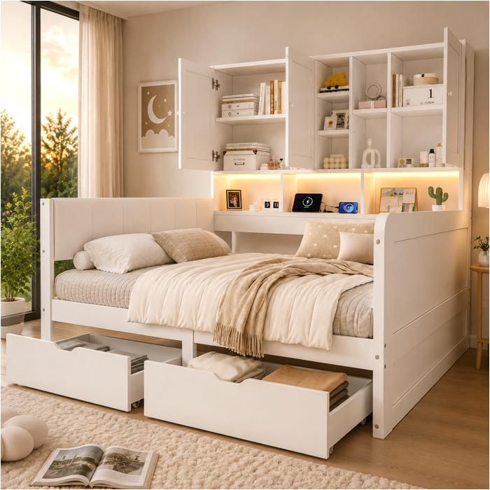 Lit Multifonction 140x200 avec Rangements Tiroirs Étagères LED USB/USB-C et Tête de Lit PU Blanc Lit Multifonction 140x200 avec Rangements Tiroirs Étagères LED USB/USB-C et Tête de Lit PU Blanc