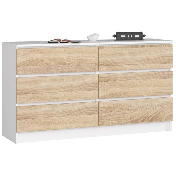 Commode AKORD K140 Blanche 138 cm 6 tiroirs façade Chêne Sonoma 138x40x77 cm