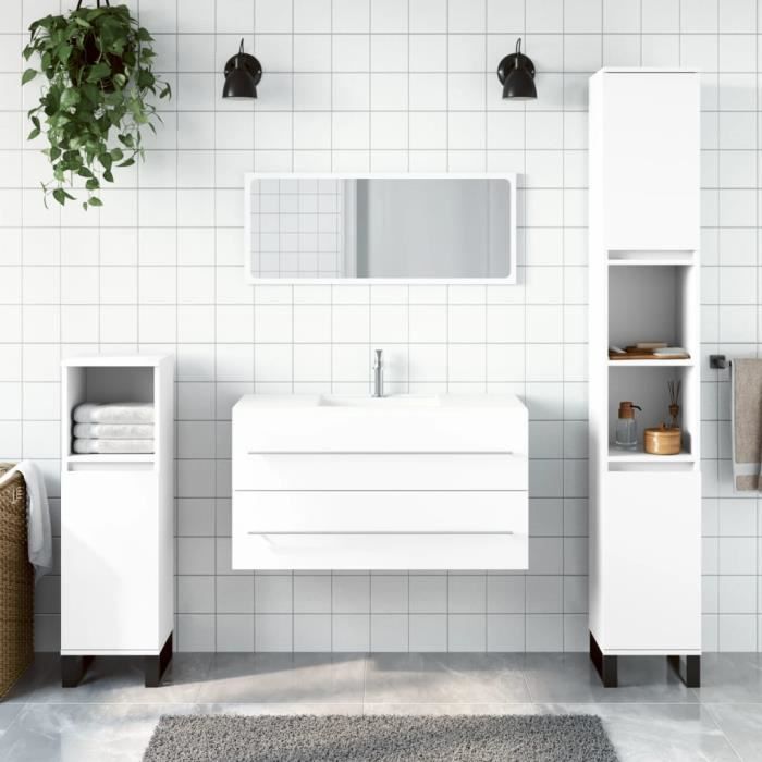 Armoire de salle de bain - ALOMEJOR - Blanc - Miroir inclus - Bois dingénierie - 90x38 5x48 cm