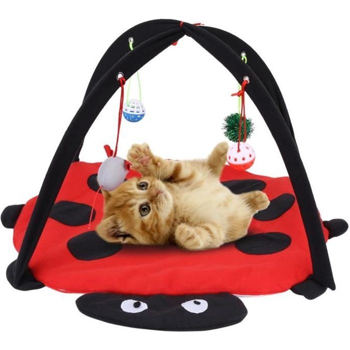 Tapis de jeu et corbeille pour chat 60×60×34 cm avec jouets suspendus — Rouge/Noir