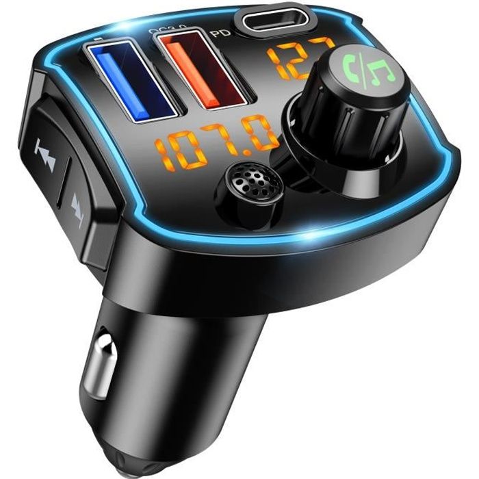 SHOP-STORY Kit Mains-Libres sans Fil Bluetooth 2.0 avec Emetteur Transmetteur Radio FM pour Lecteur Musique MP3 et Communication T/él/éphonique avec Chargeur Double USB sur Allume-Cigare